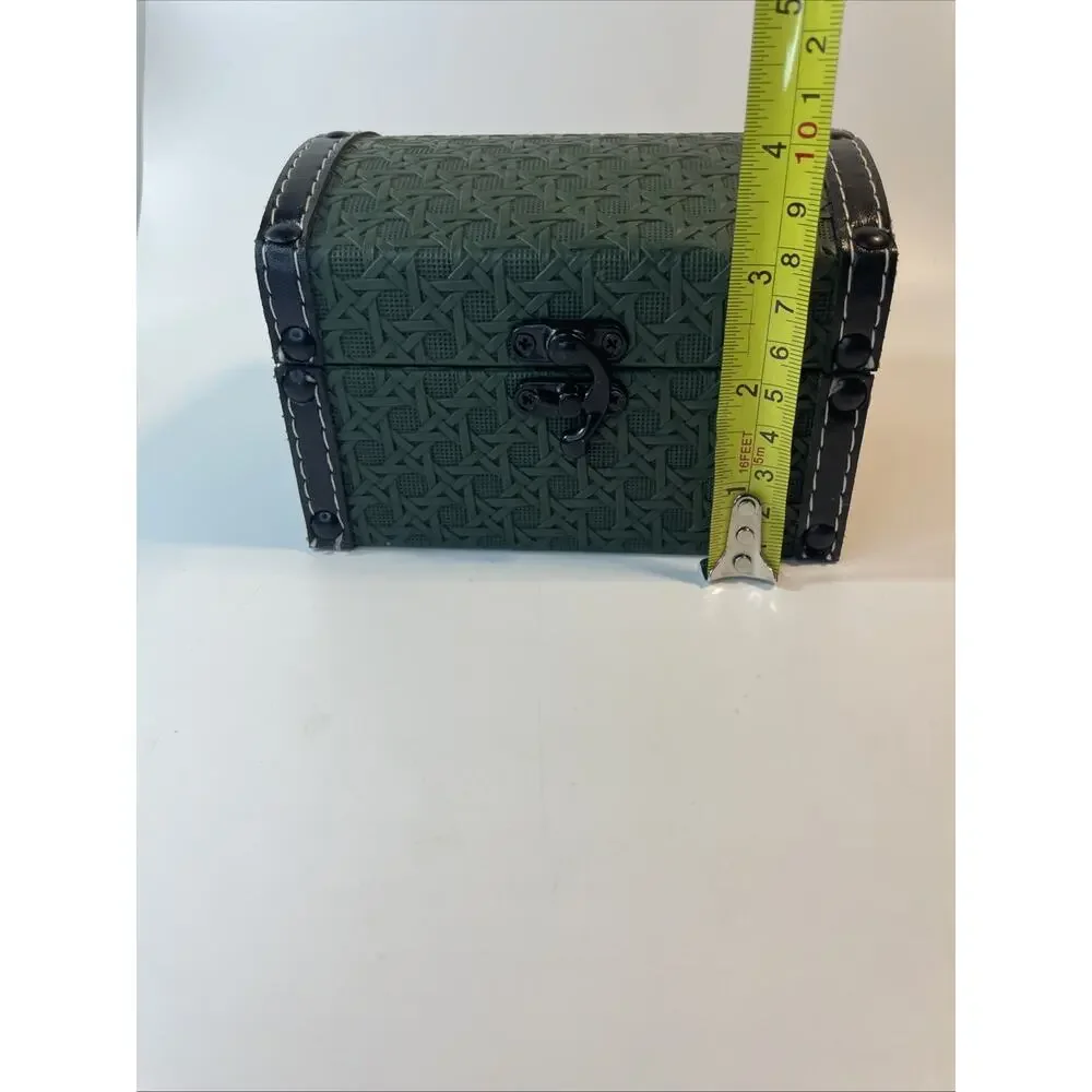 Green Wooden Jewelry Box Leather Handmade Metal Hardware Chest Trinket Trunk